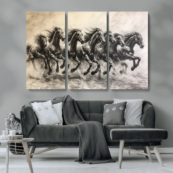 56089591-MGV-CV-36X24-Galloping Horses Wall Art Canvas Print, Framed Wild Stallions Art Picture Print, Horse Herd Sketch Perfect Monochrome Dynamic