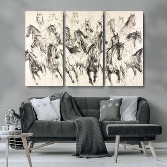 19433417-MGV-CV-36X24-Running Horses Wall Art Canvas Print, Framed Horse Sketch Art Picture Print, Galloping Herd Perfect Monochrome Western Decor