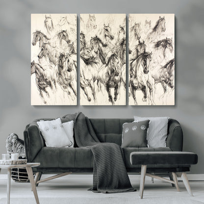 19433417-MGV-CV-36X24-Running Horses Wall Art Canvas Print, Framed Horse Sketch Art Picture Print, Galloping Herd Perfect Monochrome Western Decor