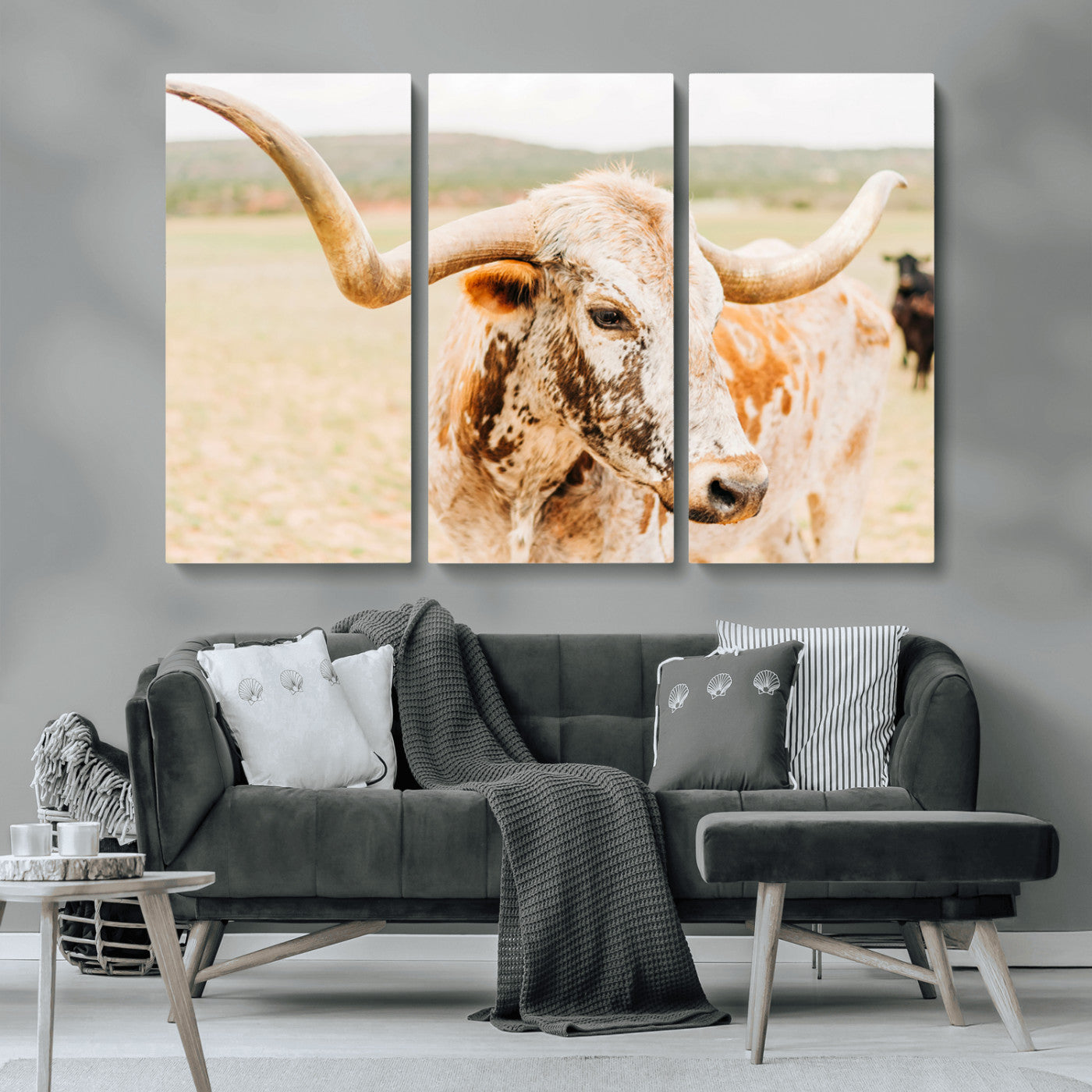 21060648-MGV-CV-36X24-Texas Longhorn Wall Art Canvas Print, Framed Speckled Cow Art Picture Print, Rustic Bull Perfect Rustic Western Decor Artwork