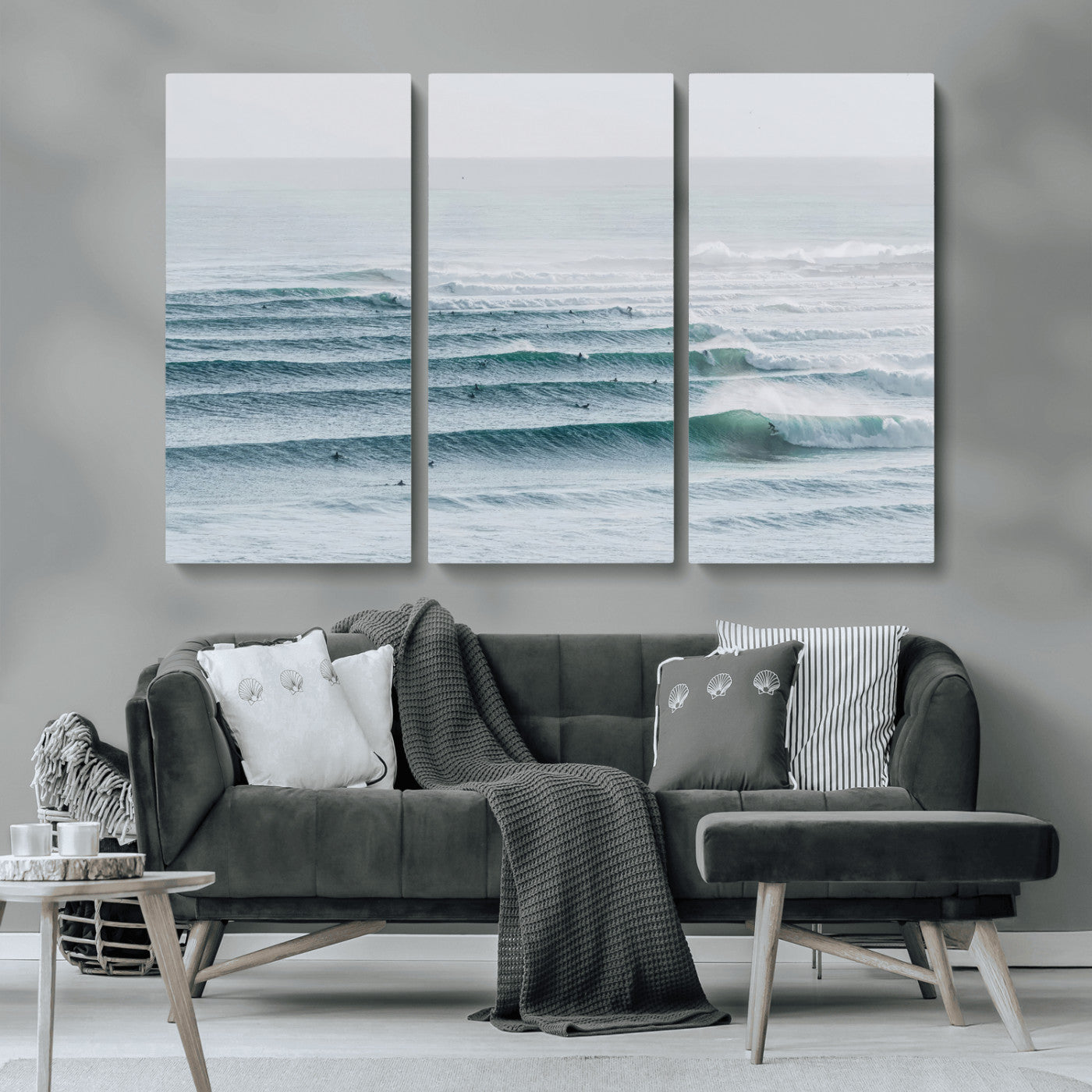 73969318-MGV-CV-36X24-Ocean Waves Wall Art Canvas Print, Framed Surfer Lineup Art Picture Print, Crowded Ocean Perfect Minimal Coastal Decor Artwork