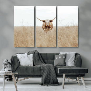20927060-MGV-CV-36X24-Texas Longhorn Wall Art Canvas Print, Framed Lone Cattle Art Picture Print, Longhorn Bull Perfect Rustic Western Decor Artwork