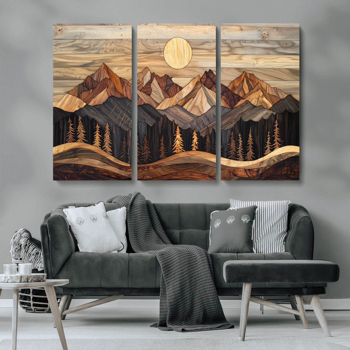 50100230-MGV-CV-36X24-Wooden Mountain Wall Art – Rustic Nature Landscape Canvas Print, Handmade Style Sun, Forest, and Peaks Artwork for Living Room,