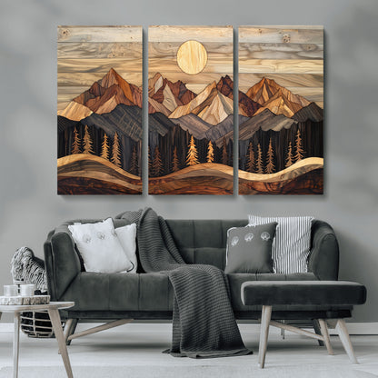 50100230-MGV-CV-36X24-Wooden Mountain Wall Art – Rustic Nature Landscape Canvas Print, Handmade Style Sun, Forest, and Peaks Artwork for Living Room,