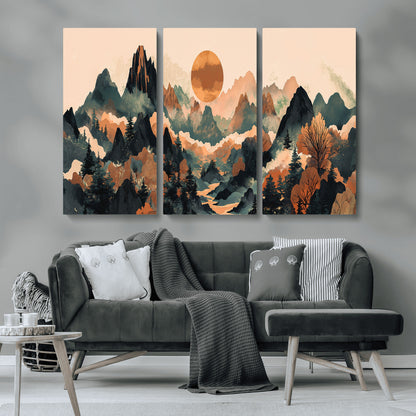 13012770-MGV-CV-36X24-Mountain Landscape Wall Art – Modern Nature Canvas Print with Sun, Misty Peaks, and Forest in Orange and Green Tones for Living