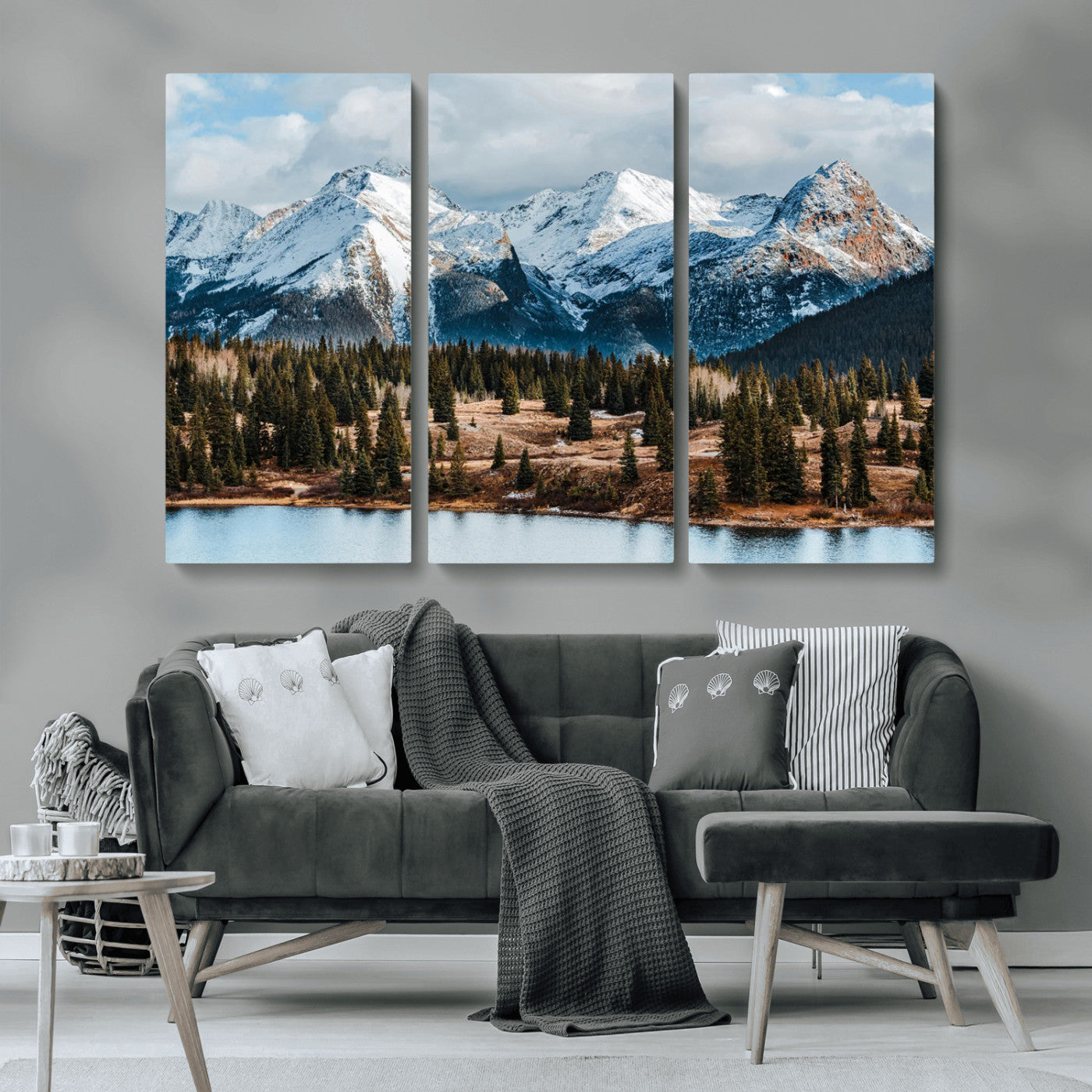 36247746-MGV-CV-36X24-Snowy Peaks Wall Art Canvas Print, Framed Alpine Lake Art Picture Print, Pine Forest Perfect Alpine Wilderness Decor Artwork