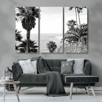 89458520-MGV-CV-36X24-Palm Trees Wall Art Canvas Print, Framed Coastal View Art Picture Print, Ocean Horizon Perfect Monochrome Coast Decor Artwork