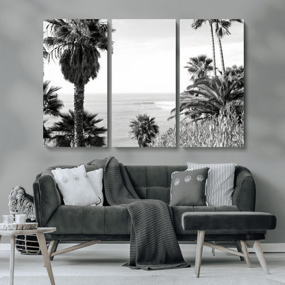 89458520-MGV-CV-36X24-Palm Trees Wall Art Canvas Print, Framed Coastal View Art Picture Print, Ocean Horizon Perfect Monochrome Coast Decor Artwork