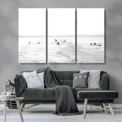 33449548-MGV-CV-36X24-Group Surfers Wall Art Canvas Print, Framed Ocean Wave Art Picture Print, Surf Crowd Perfect Monochrome Surf Decor Artwork