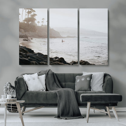 62501405-MGV-CV-36X24-Misty Beach Wall Art Canvas Print, Framed California Surfer Art Picture Print, Coastal Cliff Perfect Coastal Beach Decor Artwork