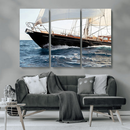 97168626-MGV-CV-36X24-Sailing Yacht Wall Art Canvas Print, Framed Wooden Yacht Art Picture Print, Ocean Waves Perfect Nautical Coastal Decor Artwork