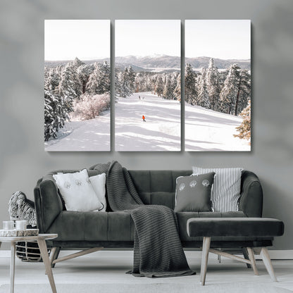 62119206-MGV-CV-36X24-Snowy Trail Wall Art Canvas Print, Framed Ski Slope Art Picture Print, Winter Pines Perfect Alpine Adventure Decor Artwork