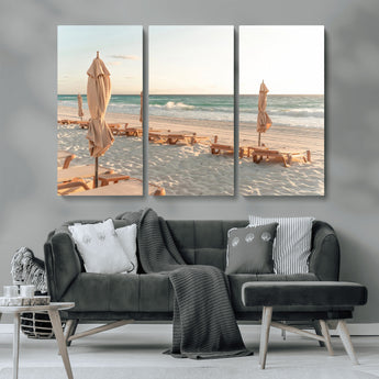 58507949-MGV-CV-36X24-Beach Umbrellas Wall Art Canvas Print, Framed Empty Loungers Art Picture Print, Soft Sand Perfect Minimalist Seaside Decor Artwork