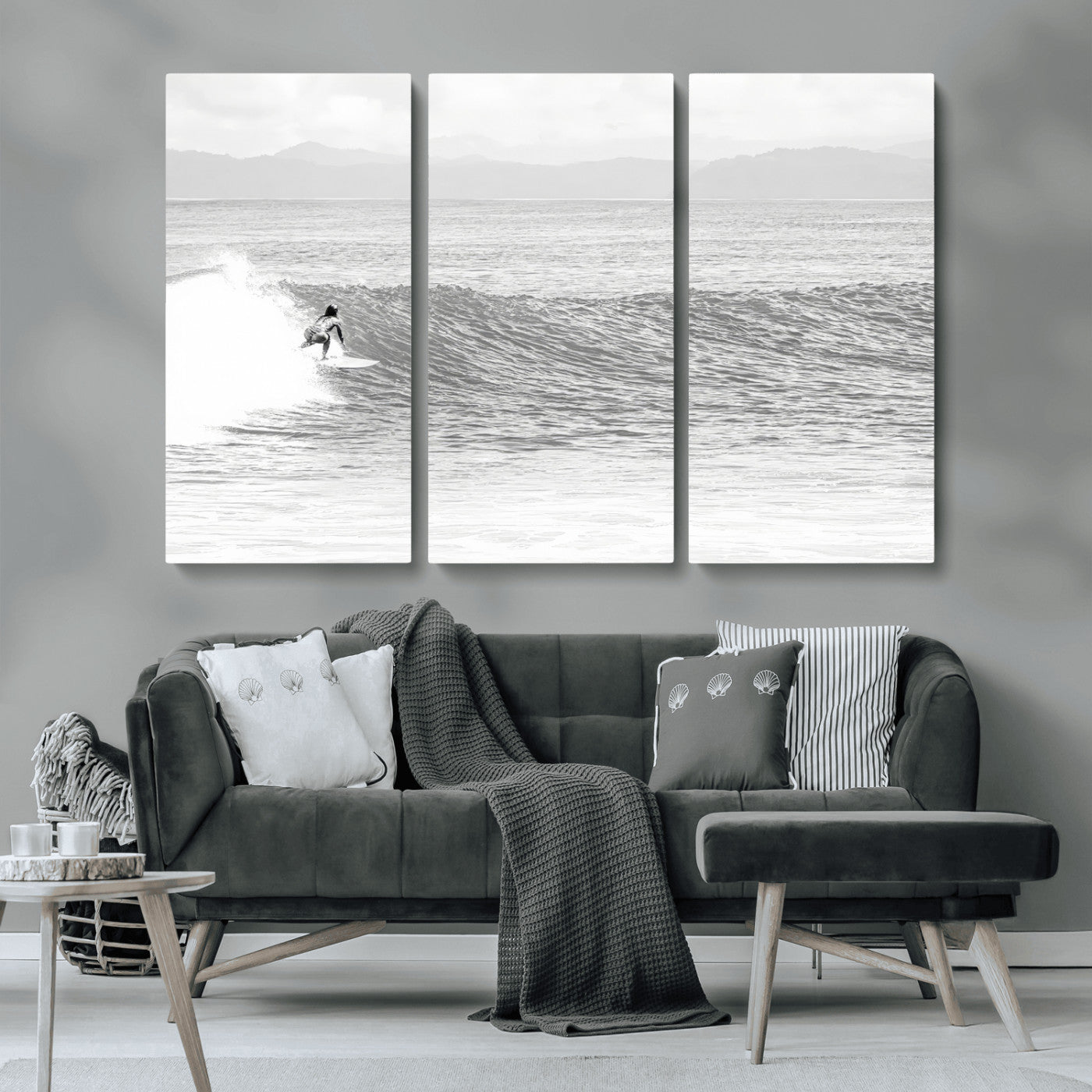 81535128-MGV-CV-36X24-Surfer Woman Wall Art Canvas Print, Framed Black Ocean Art Picture Print, Ocean Surfing Perfect Monochrome Coastal Decor Artwork