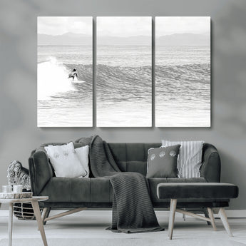 81535128-MGV-CV-36X24-Surfer Woman Wall Art Canvas Print, Framed Black Ocean Art Picture Print, Ocean Surfing Perfect Monochrome Coastal Decor Artwork