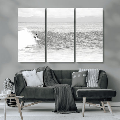 81535128-MGV-CV-36X24-Surfer Woman Wall Art Canvas Print, Framed Black Ocean Art Picture Print, Ocean Surfing Perfect Monochrome Coastal Decor Artwork