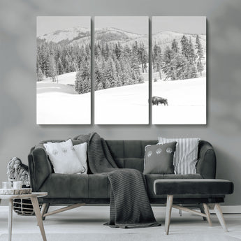 68081143-MGV-CV-36X24-Snowy Bison Wall Art Canvas Print, Framed Winter Forest Art Picture Print, Lone Bison Perfect Monochrome Winter Wild Decor Artwork