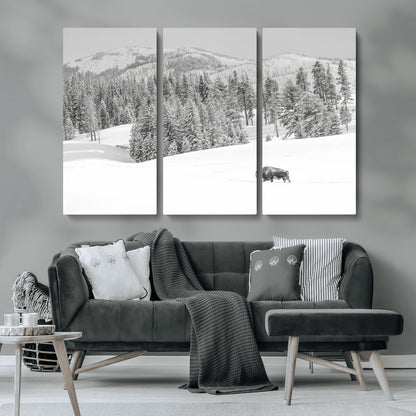 68081143-MGV-CV-36X24-Snowy Bison Wall Art Canvas Print, Framed Winter Forest Art Picture Print, Lone Bison Perfect Monochrome Winter Wild Decor Artwork