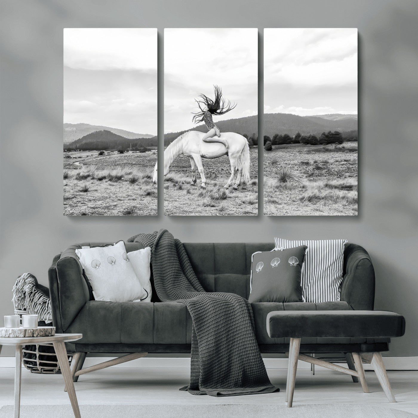 62789800-MGV-CV-36X24-White Horse Wall Art Canvas Print, Framed Woman Rider Art Picture Print, Equestrian Pose Perfect Western Boho Decor Artwork