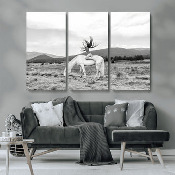 62789800-MGV-CV-36X24-White Horse Wall Art Canvas Print, Framed Woman Rider Art Picture Print, Equestrian Pose Perfect Western Boho Decor Artwork