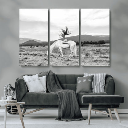 62789800-MGV-CV-36X24-White Horse Wall Art Canvas Print, Framed Woman Rider Art Picture Print, Equestrian Pose Perfect Western Boho Decor Artwork