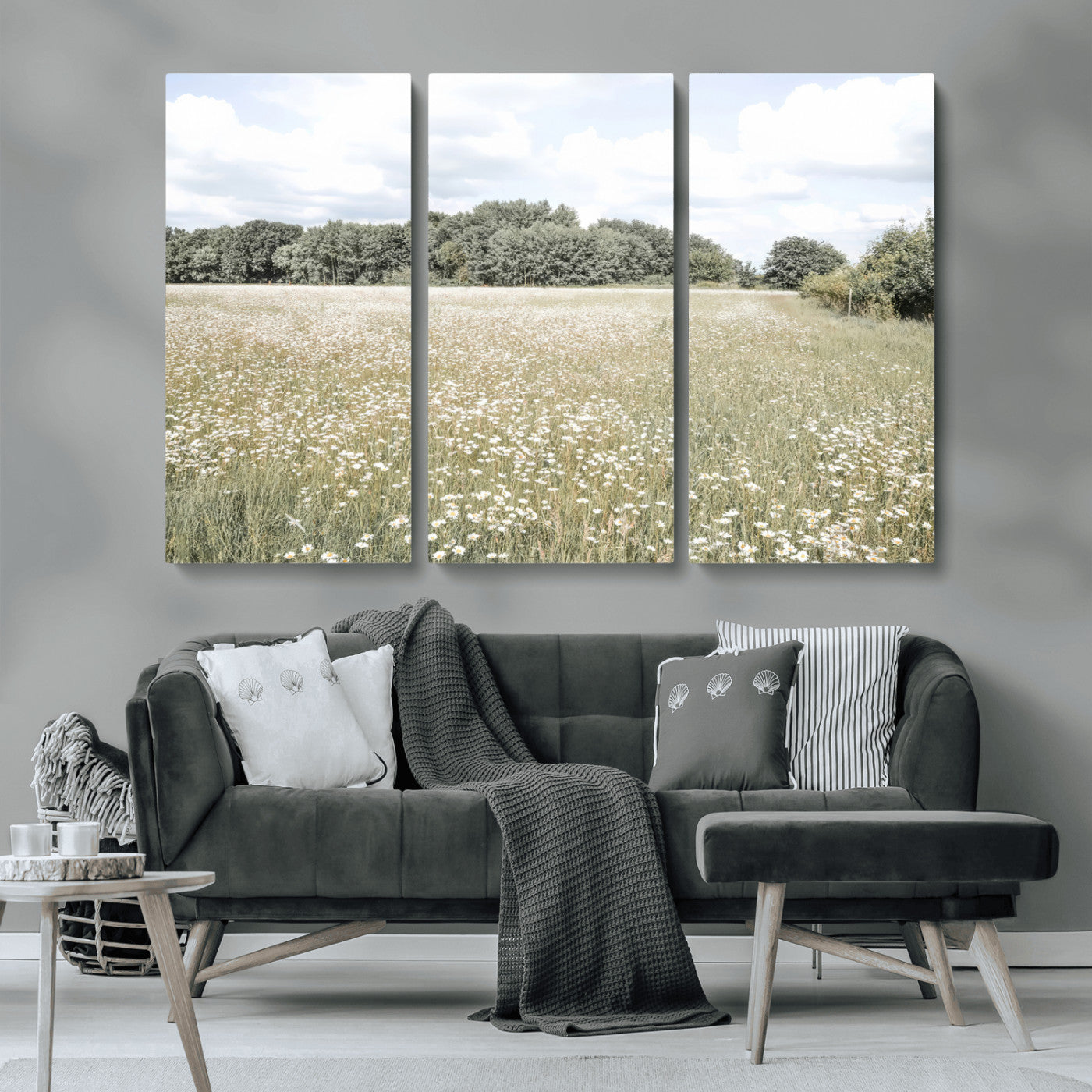 43258946-MGV-CV-36X24-Daisy Field Wall Art Canvas Print, Framed Pastel Flower Art Picture Print, Meadow Bloom Perfect Scandinavian Minimalist Decor