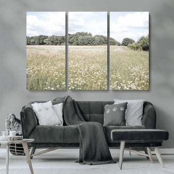 43258946-MGV-CV-36X24-Daisy Field Wall Art Canvas Print, Framed Pastel Flower Art Picture Print, Meadow Bloom Perfect Scandinavian Minimalist Decor