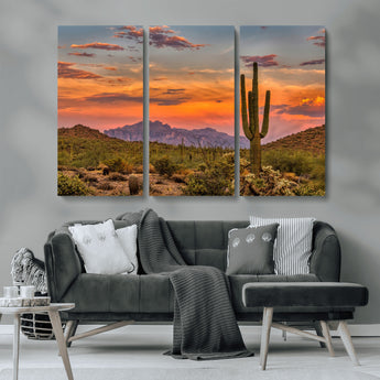 25332783-MGV-CV-36X24-Saguaro Cactus Wall Art Canvas Print, Framed Arizona Sunset Art Picture Print, Sonoran Desert Perfect Southwestern Boho Decor