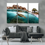 44200301-MGV-CV-48X32-3P-Sea Turtle Swim Wall Art Canvas Print, Framed Ocean Life Art Picture Print, Tropical Shoreline Perfect Tropical Coastal Decor