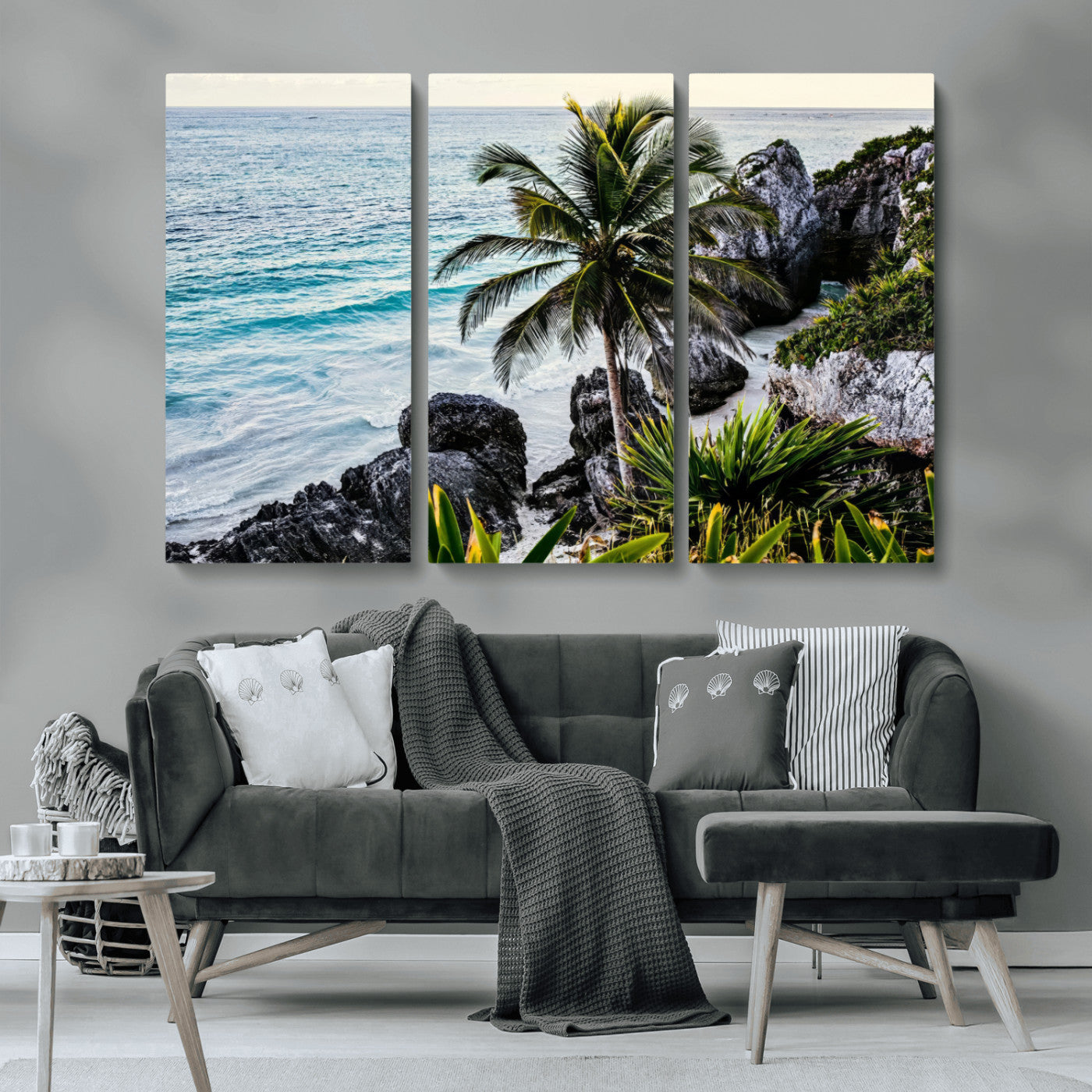 94669907-MGV-CV-36X24-Tropical Coastline Wall Art Canvas Print, Framed Palm Tree Art Picture Print, Rocky Beach Perfect Tropical Coastal Decor Artwork