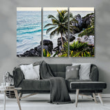 94669907-MGV-CV-36X24-Tropical Coastline Wall Art Canvas Print, Framed Palm Tree Art Picture Print, Rocky Beach Perfect Tropical Coastal Decor Artwork
