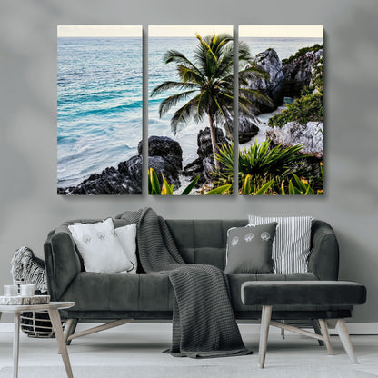 94669907-MGV-CV-36X24-Tropical Coastline Wall Art Canvas Print, Framed Palm Tree Art Picture Print, Rocky Beach Perfect Tropical Coastal Decor Artwork