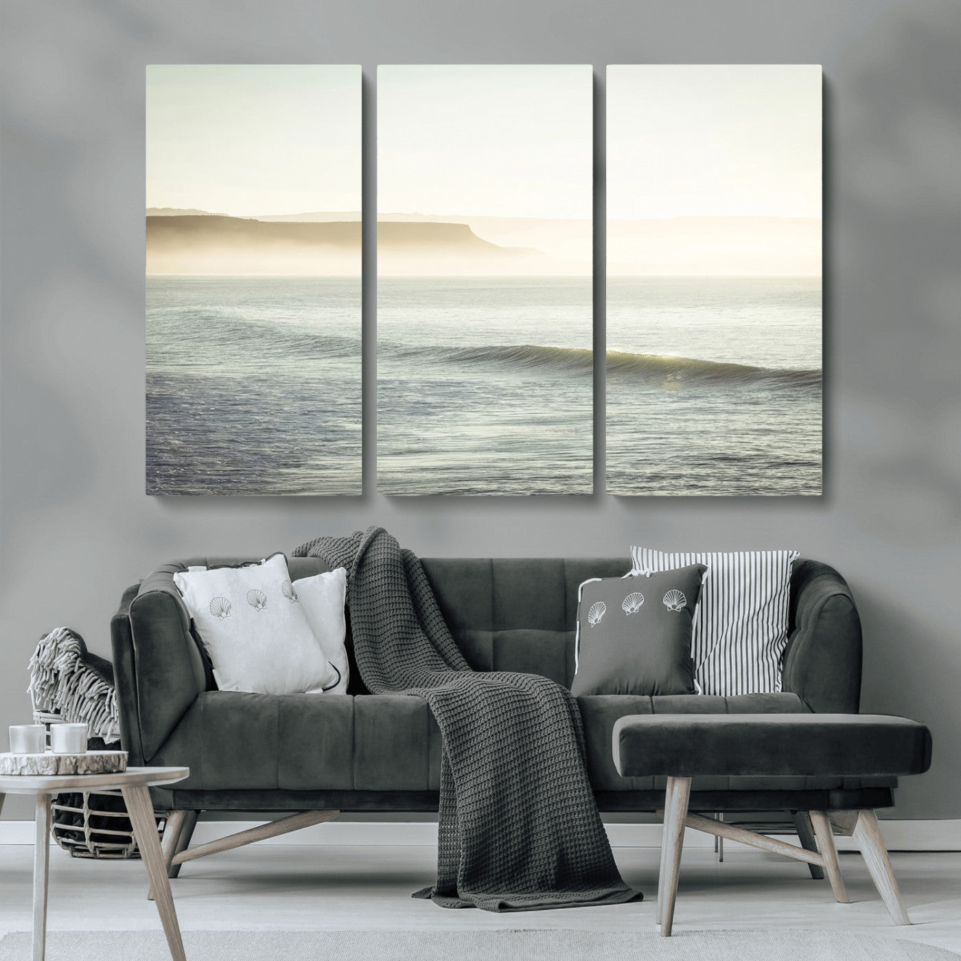 39310633-MGV-CV-36X24-Coastal Cliffs Wall Art Canvas Print, Framed Misty Ocean Art Picture Print, Morning Light Perfect Minimalistic Coastal Decor