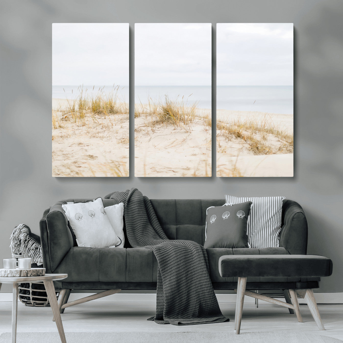 13146857-MGV-CV-36X24-Beach Dunes Wall Art Canvas Print, Framed Soft Horizon Art Picture Print, Coastal Grass Perfect Minimalist Coastal Decor Artwork