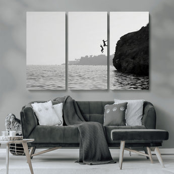 52284302-MGV-CV-36X24-Cliff Jumping Wall Art Canvas Print, Framed Ocean Adventure Art Picture Print, Black White Coast Perfect Modern Coastal Decor