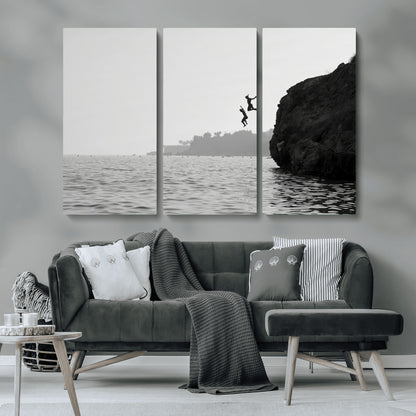 52284302-MGV-CV-36X24-Cliff Jumping Wall Art Canvas Print, Framed Ocean Adventure Art Picture Print, Black White Coast Perfect Modern Coastal Decor