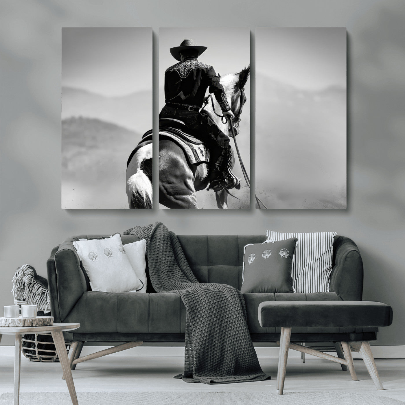 83102464-MGV-CV-36X24-Western Cowboy Wall Art Canvas Print, Framed Monochrome Horse Art Picture Print, Western Equestrian Perfect Rustic Western Decor
