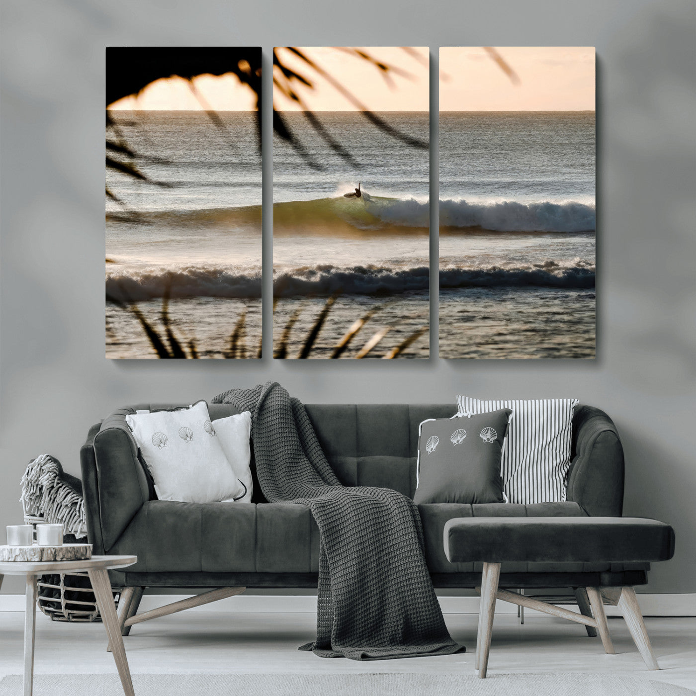 24896468-MGV-CV-36X24-Sunset Surf Wall Art Canvas Print, Framed Golden Waves Art Picture Print, Tropical Ocean Perfect Tropical Boho Decor Artwork