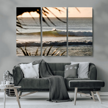 24896468-MGV-CV-36X24-Sunset Surf Wall Art Canvas Print, Framed Golden Waves Art Picture Print, Tropical Ocean Perfect Tropical Boho Decor Artwork