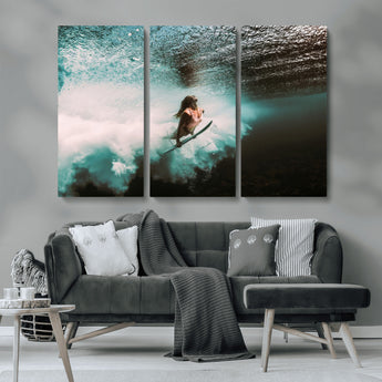 85923512-MGV-CV-36X24-Aquatic Motion Wall Art Canvas Print, Framed Underwater Swimming Art Picture Print, Female Surfer Diving Perfect Coastal Boho