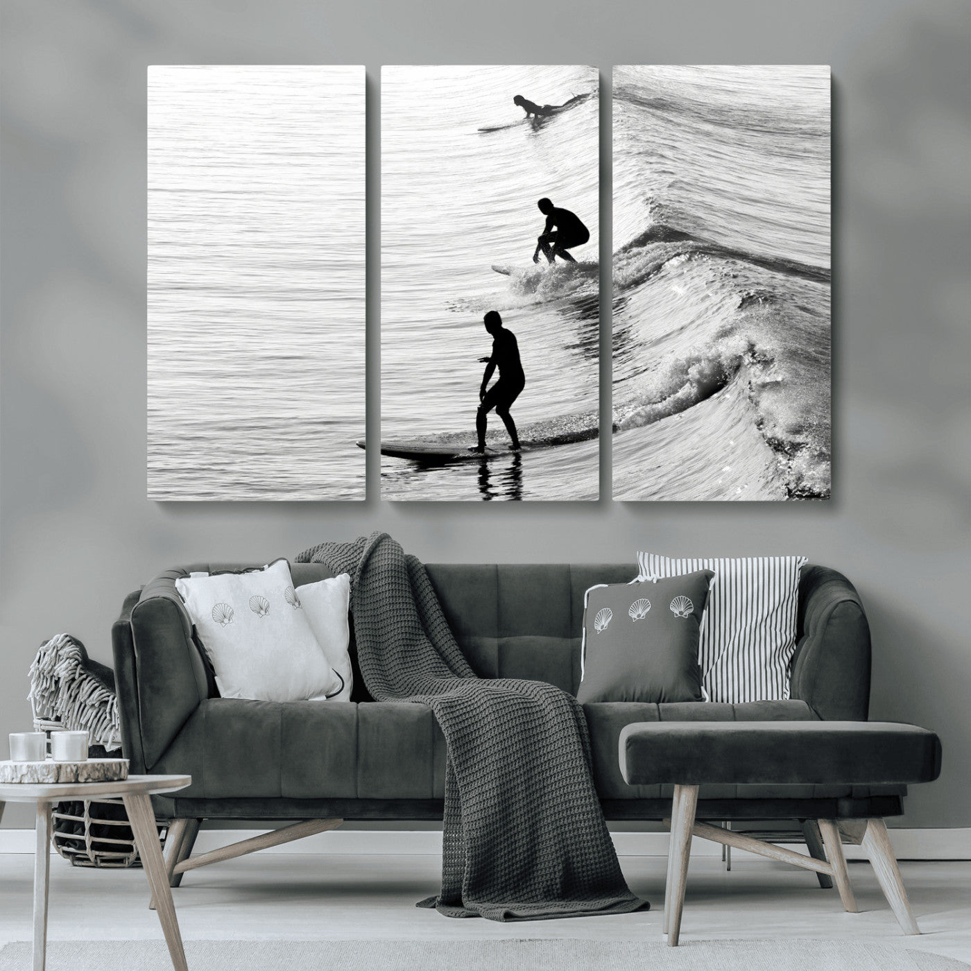 19875284-MGV-CV-36X24-Surfer Waves Wall Art Canvas Print, Framed Black White Surf Art Picture Print, Monochrome Ocean Perfect Modern Coastal Decor