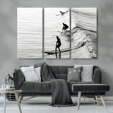 19875284-MGV-CV-36X24-Surfer Waves Wall Art Canvas Print, Framed Black White Surf Art Picture Print, Monochrome Ocean Perfect Modern Coastal Decor