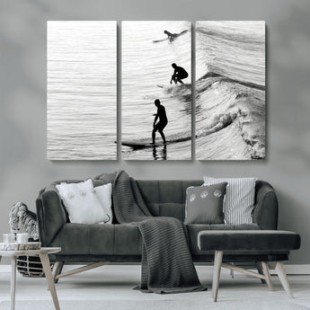 19875284-MGV-CV-36X24-Surfer Waves Wall Art Canvas Print, Framed Black White Surf Art Picture Print, Monochrome Ocean Perfect Modern Coastal Decor