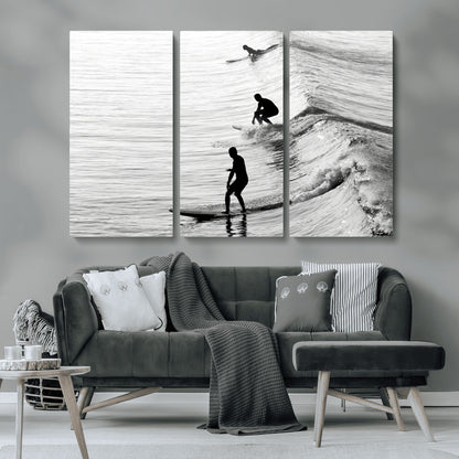 19875284-MGV-CV-36X24-Surfer Waves Wall Art Canvas Print, Framed Black White Surf Art Picture Print, Monochrome Ocean Perfect Modern Coastal Decor