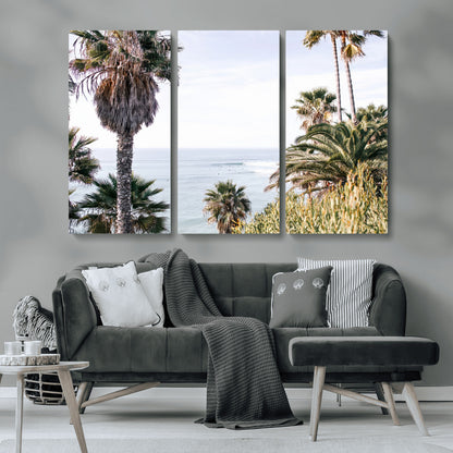 51404565-MGV-CV-48X32-3P-Palm Trees Wall Art Canvas Print, Framed Ocean Breeze Art Picture Print, Coastal View Perfect Tropical Coastal Decor Artwork