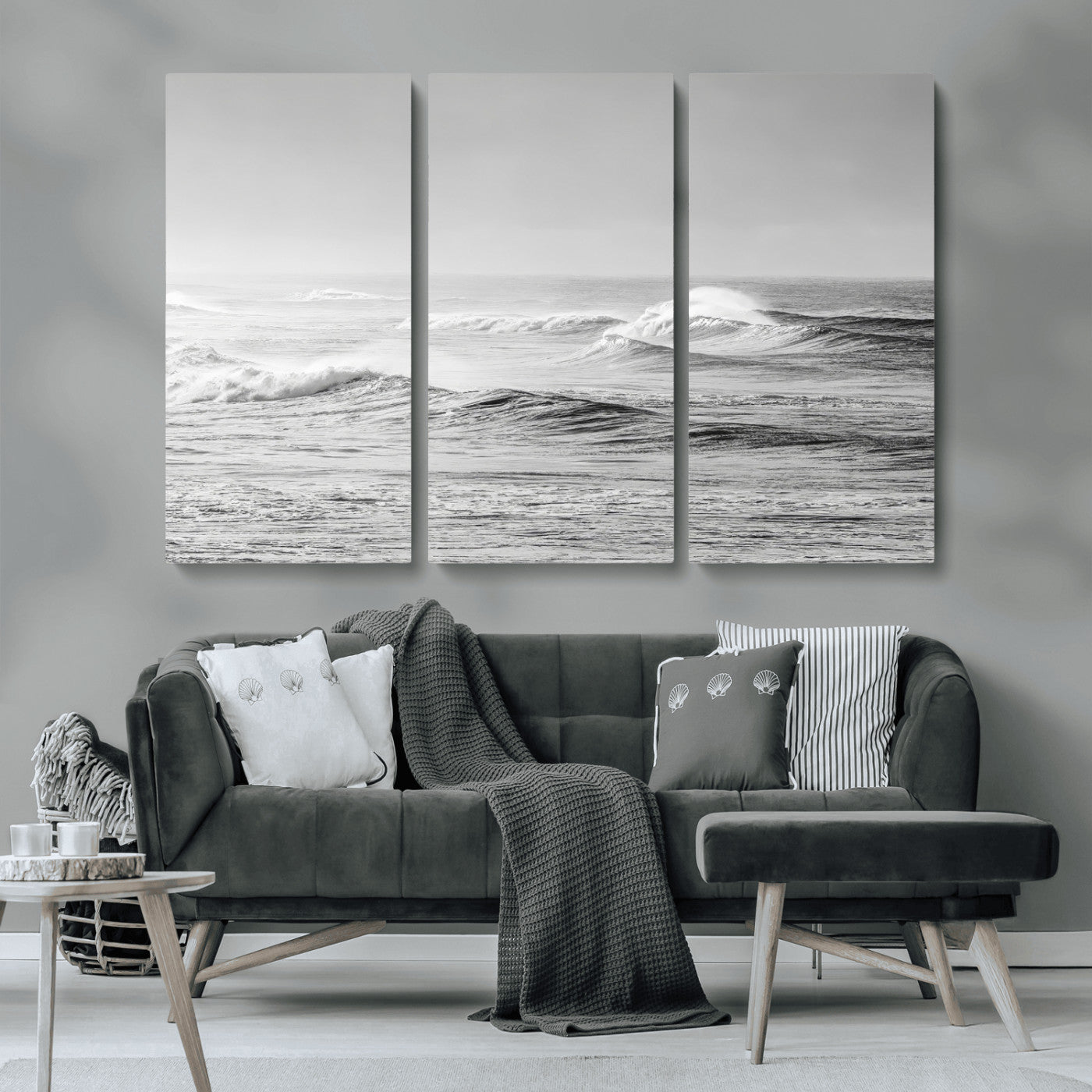 98634812-MGV-CV-36X24-Black and White Ocean Waves Wall Art – Minimalist Sea Canvas Print, Coastal Photography Decor for Living Room, Bedroom or Office