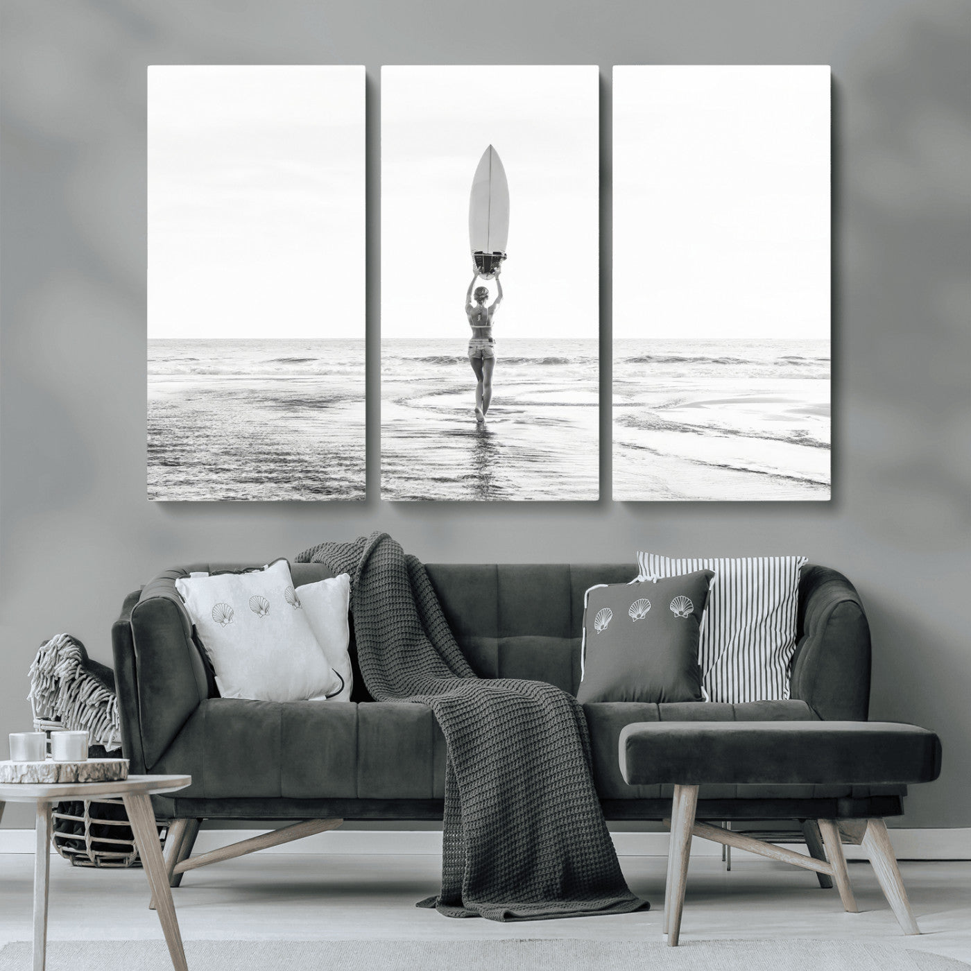 98446901-MGV-CV-36X24-Monochrome Surf Wall Art Canvas Print, Framed Minimalist Surfer Art Picture Print, Surfboard Silhouette Perfect Coastal Minimalist