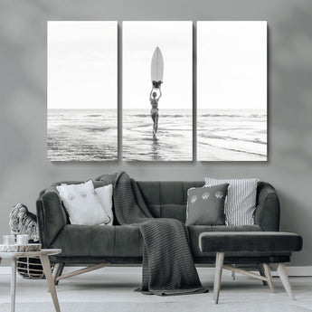 98446901-MGV-CV-36X24-Monochrome Surf Wall Art Canvas Print, Framed Minimalist Surfer Art Picture Print, Surfboard Silhouette Perfect Coastal Minimalist