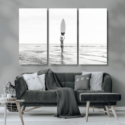 98446901-MGV-CV-36X24-Monochrome Surf Wall Art Canvas Print, Framed Minimalist Surfer Art Picture Print, Surfboard Silhouette Perfect Coastal Minimalist