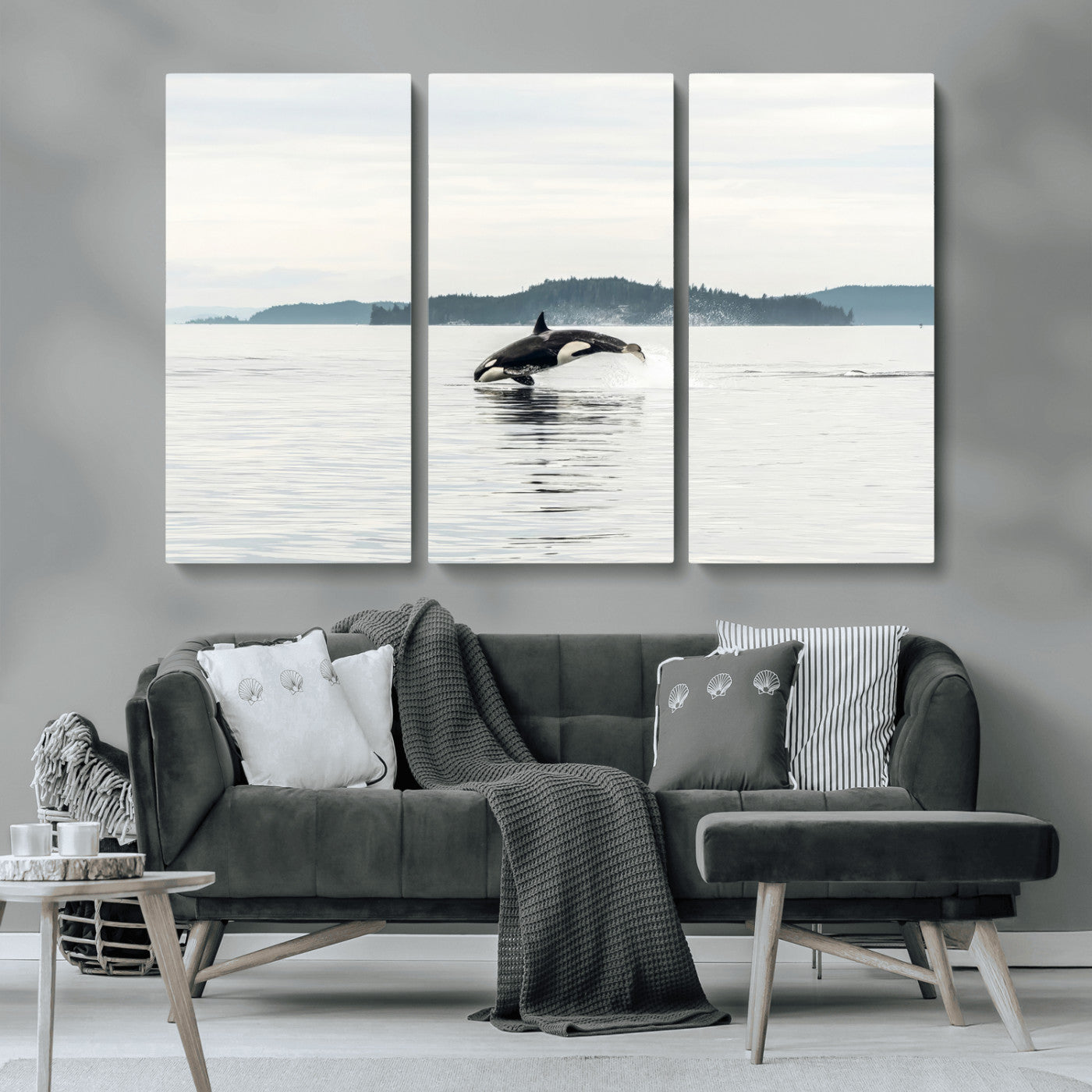 10157174-MGV-CV-36X24-Orca Whale Wall Art Canvas Print, Framed Black White Whale Art Picture Print, Minimalist Ocean Perfect Coastal Minimalist Decor
